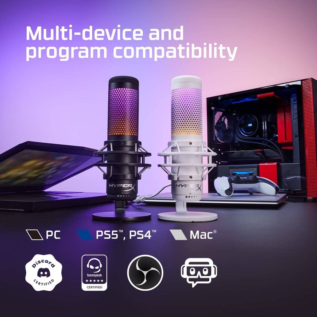 HyperX QuadCast S - Micrófono de condensador USB RGB para PC, PS4, PS5 y Mac, montaje antivibración, 4 patrones polares, filtro pop, control de ganancia, juegos, transmisión, podcasts, Twitch, YouTube, Discord