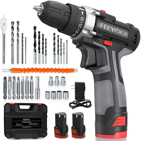 FEEYOO - Juego de taladro inalámbrico con 2 baterías, 12.8V 28Nm potente destornillador eléctrico conjunto de 31 piezas (2x3900mAh baterías, 2 velocidades, 25+1 embrague, 0.394 in mandril automático, luz LED incorporada) para proyectos de bricolaje - DIGVICE MX