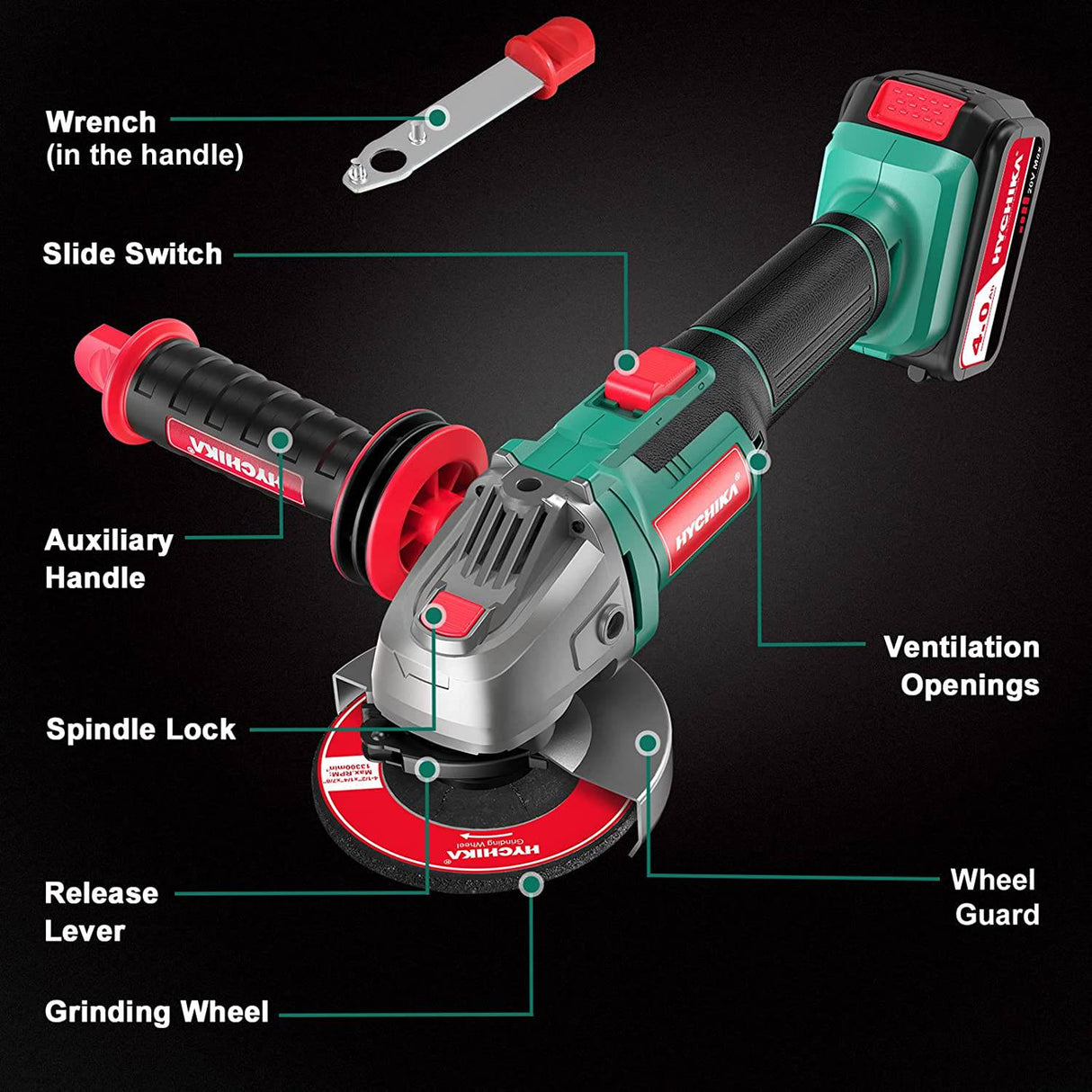 Amoladora angular de 20 V HYCHIKA, amoladora inalámbrica con batería de 4,0 Ah y cargador rápido, 8500 RPM, 5 discos de 4-1/2 pulgadas, mango auxiliar de 3 posiciones para cortar y amolar - DIGVICE MX