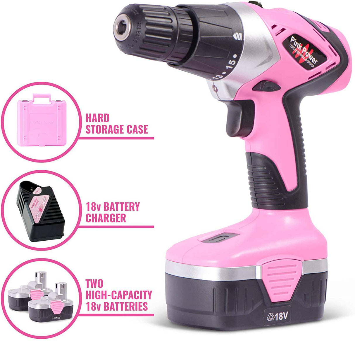 Pink Power PP181LI kit de destornillador y taladro eléctrico inalámbrico para mujer batería de litio 18 volt, caja de herramientas, juego de taladro, batería, cargador y juego de destornillador de seis piezas - DIGVICE MX