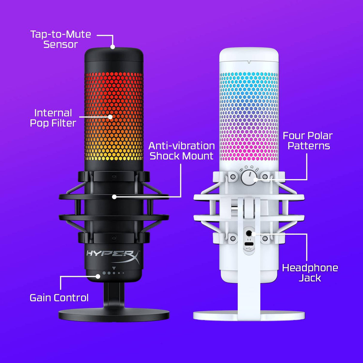 HyperX QuadCast S - Micrófono de condensador USB RGB para PC, PS4, PS5 y Mac, montaje antivibración, 4 patrones polares, filtro pop, control de ganancia, juegos, transmisión, podcasts, Twitch, YouTube, Discord