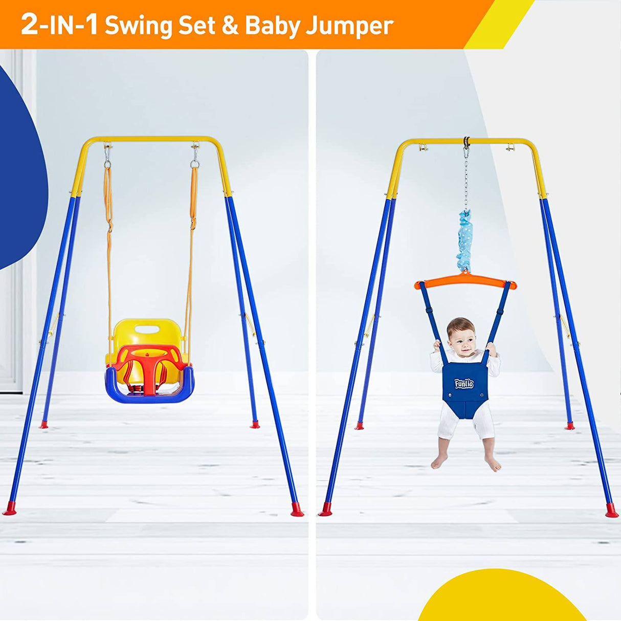 FUNLIO Juego de columpios 2 en 1 para niños pequeños y bebés, columpio y rebotador para niños de servicio pesado con 4 bolsas de arena, soporte de metal plegable para jugar en interiores/exteriores - DIGVICE MX