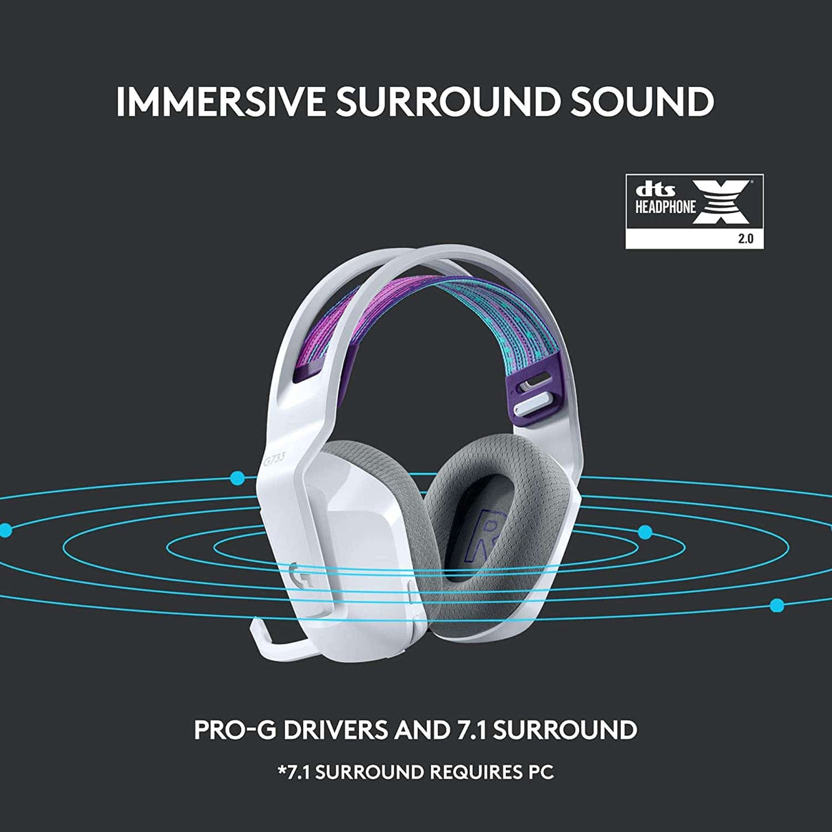 Logitech G733 LIGHTSPEED Auriculares inalámbricos para juegos con diadema de suspensión, LIGHTSYNC RGB, tecnología de micrófono Blue VO!CE y controladores de audio PRO-G - Blanco