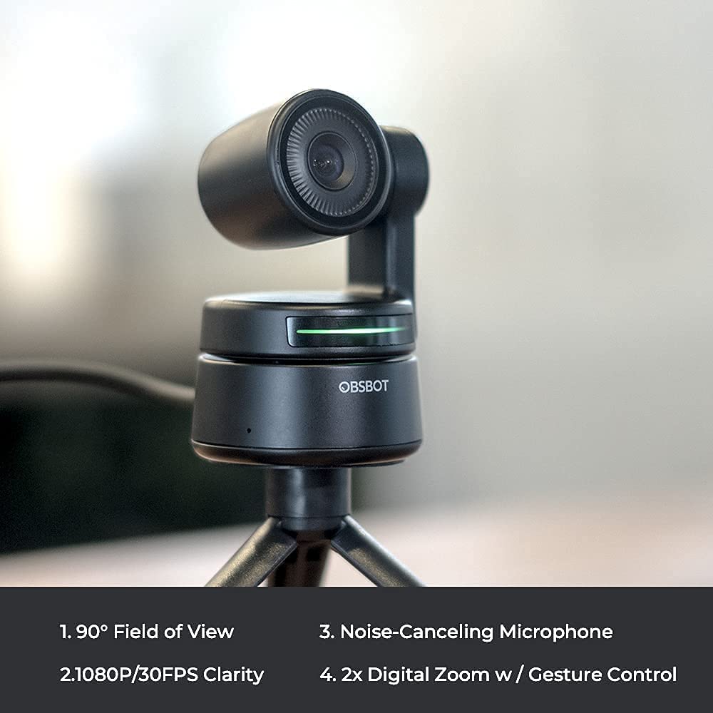 Cámara web OBSBOT Tiny PTZ, control de gestos y encuadre alimentado por IA, cámara web Full HD 1080p para videoconferencia, gran angular de 90 grados, corrección de poca luz