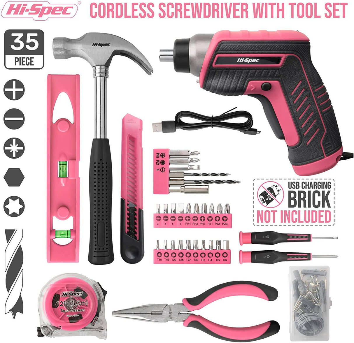 Juego de herramientas eléctricas inalámbricas de alta especificación, 35 piezas, pequeño, esencial, rosa, 3,6 V, destornillador de alimentación USB y kit de herramientas manuales - DIGVICE MX
