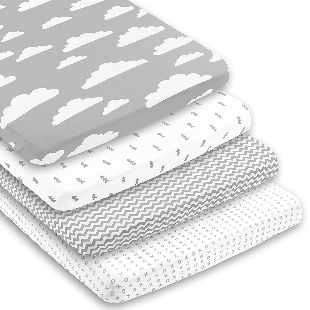 BAEBAE GOODS - Premium Pack and Play Sheets Paquete de 4 - Sábanas de colchón 100% súper suave de punto jersey de algodón - Sábana bajera portátil para cuna para niño y niña (24 x 38 x 5) - DIGVICE MX