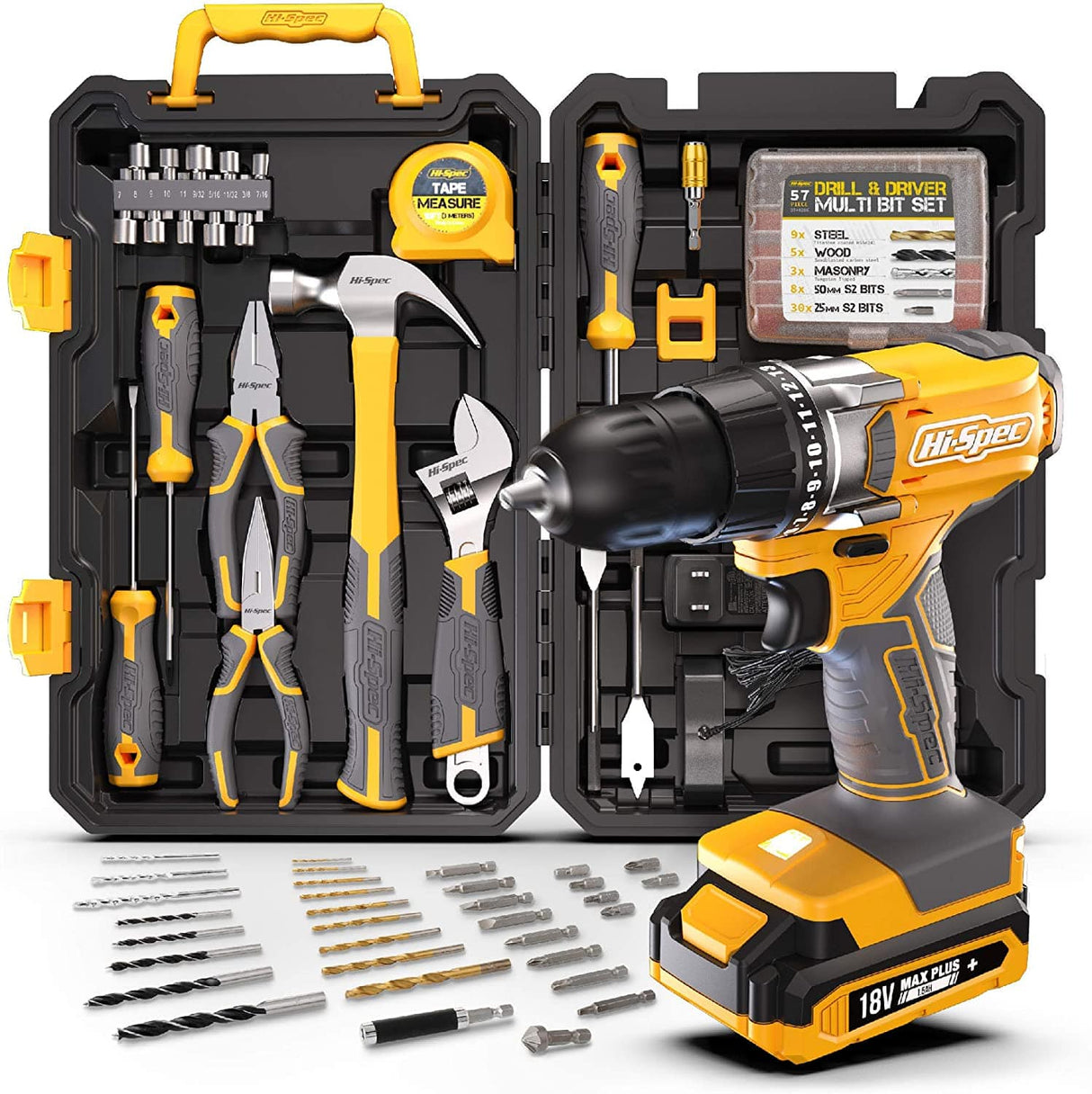 Hi-Spec, 81 piezas, amarillo, 18 V, taladro eléctrico inalámbrico, juego completo de herramientas de mano para el hogar y el garaje, para bricolaje - DIGVICE MX