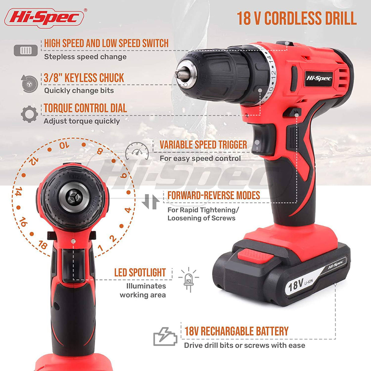 Taladro eléctrico inalámbrico Hi-Spec de 31 piezas de 18 V con batería de 1500 mAh. Atornillador eléctrico recargable y taladrado en madera, plástico, metal y mampostería. Incluye juego de accesorios de brocas múltiples. - DIGVICE MX
