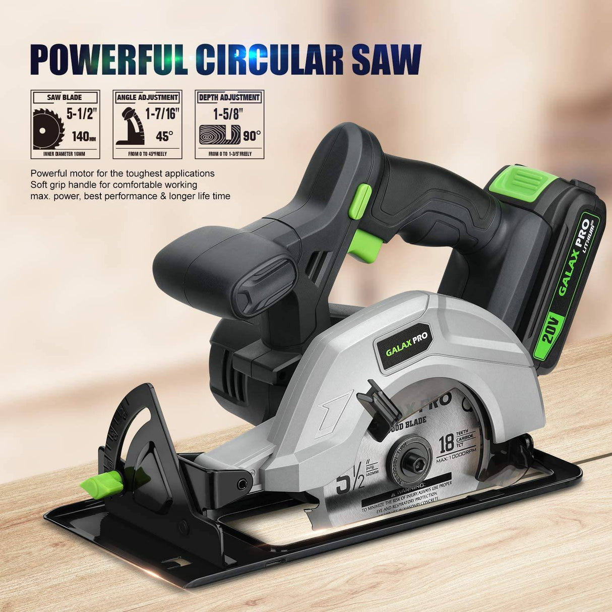 Sierra circular inalámbrica GALAX PRO DC-20V de 5-1/2” con 2 cuchillas (18T+48T), velocidad variable de 3800 RPM, incluye batería de litio de 2.0 Ah y cargador rápido, profundidad máxima de corte de 1-5/8” (90°), 1-7/16”(45°) - DIGVICE MX