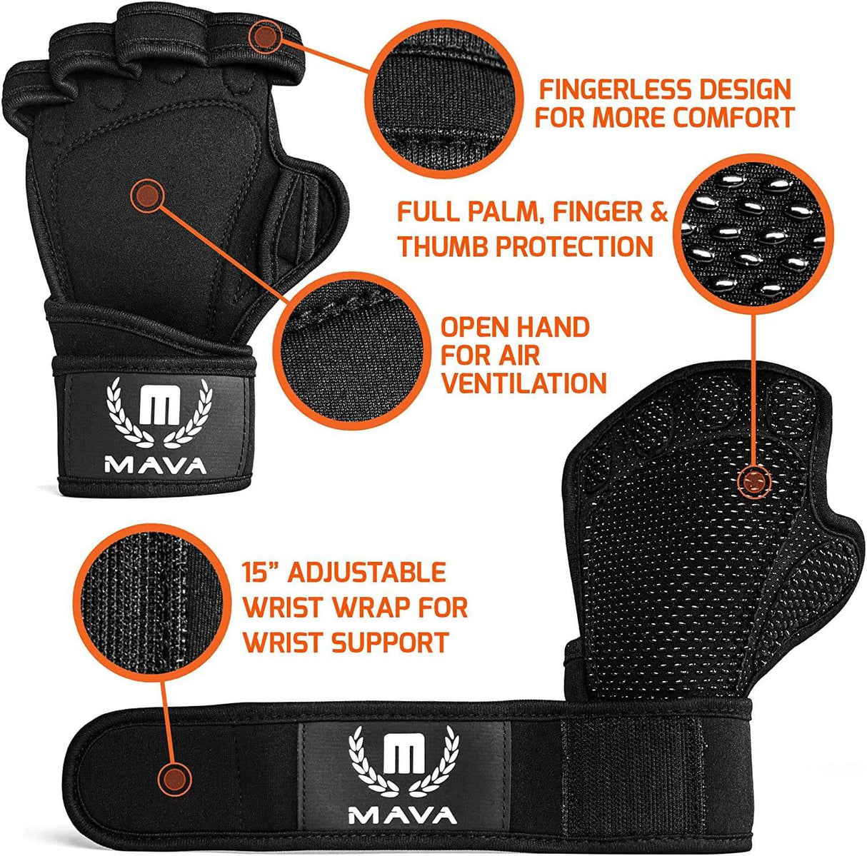 Mava Sports - Guantes de entrenamiento ventilados con muñequeras integradas y acolchado de silicona en toda la palma Agarre adicional