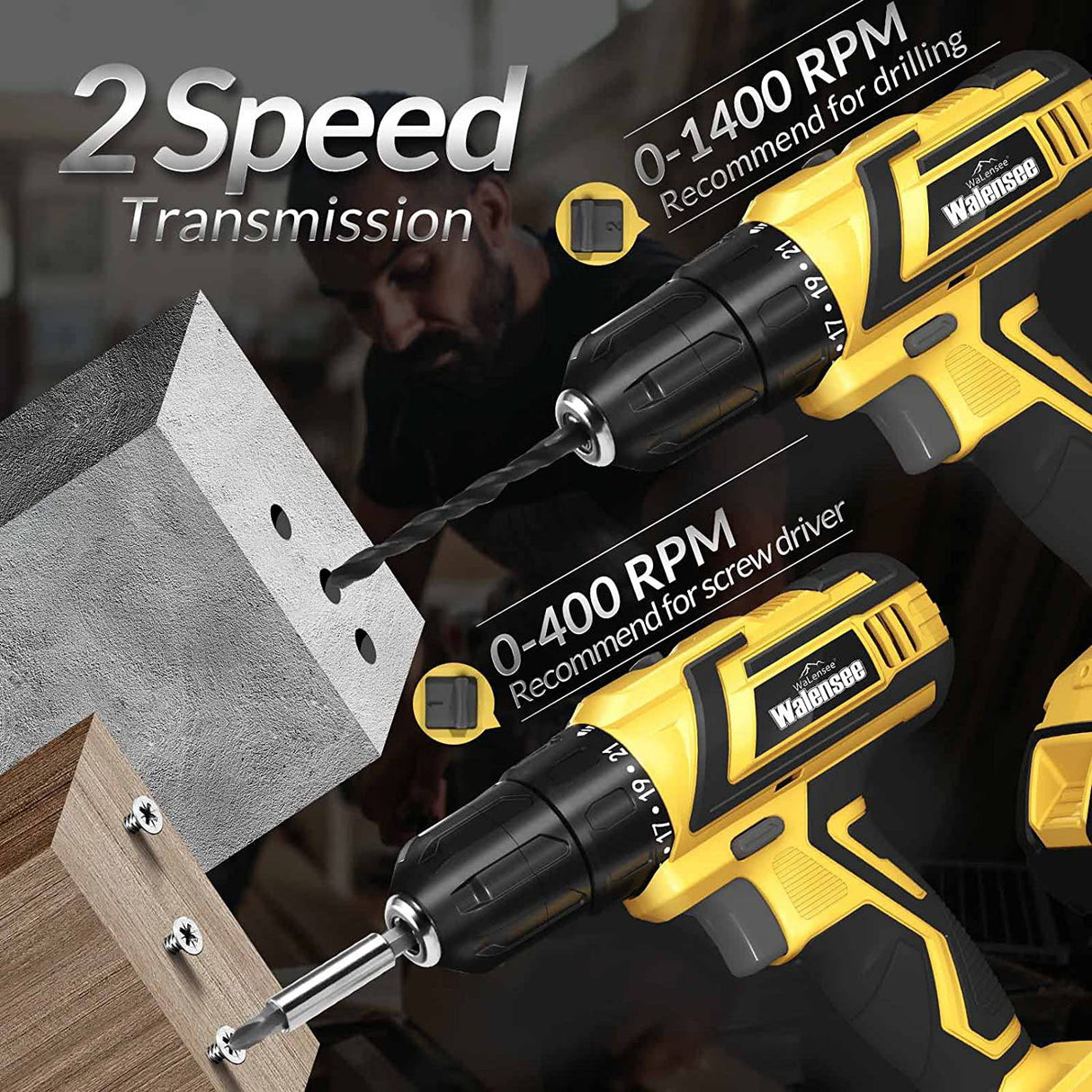 Walensee Juego de brocas inalámbricas de 20 V, taladro eléctrico con control de velocidad variable, taladro de impacto con batería y cargador rápido, accesorios de 32 puntas sin llave, kit de herramientas de destornillador eléctrico para el hogar - DIGVICE MX