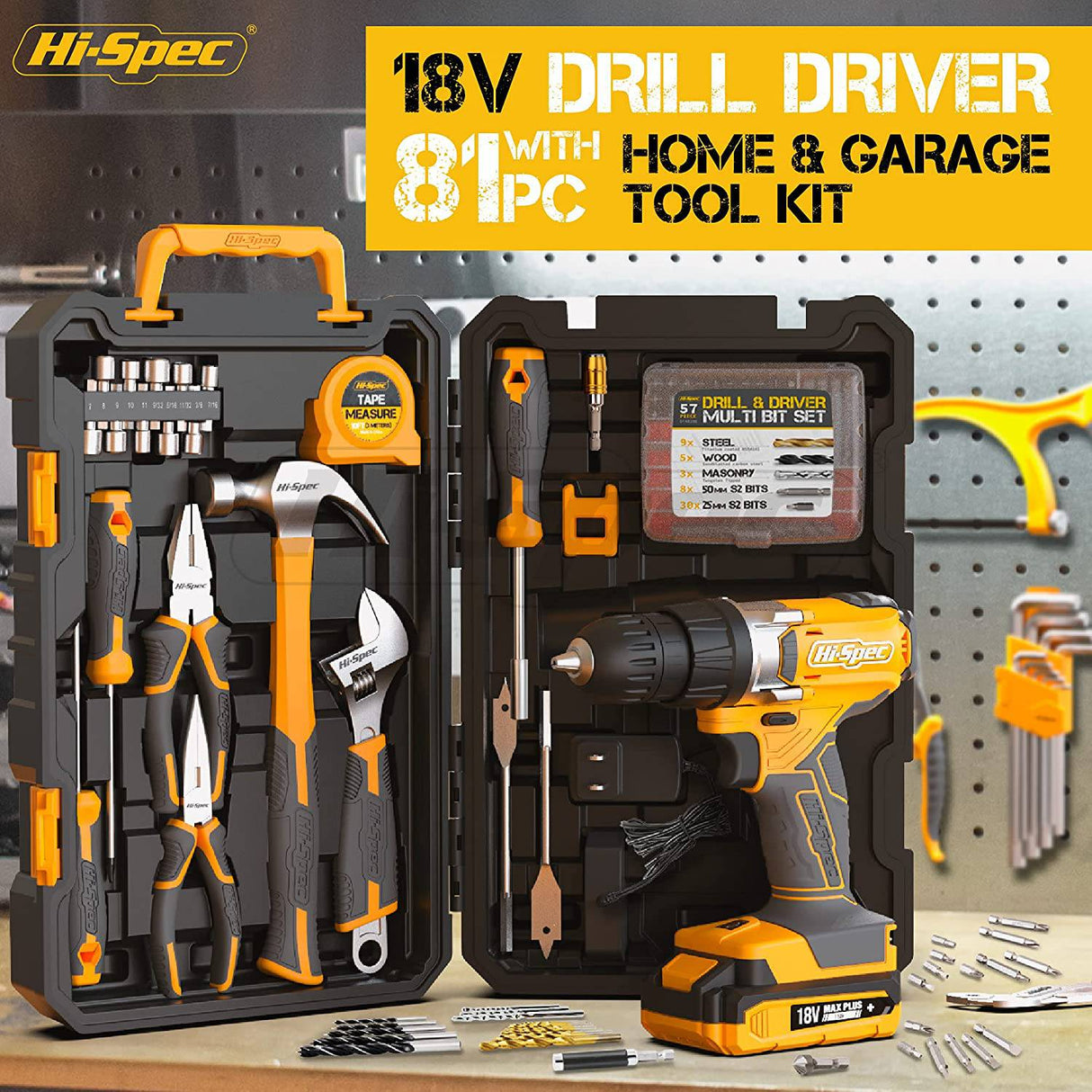 Hi-Spec, 81 piezas, amarillo, 18 V, taladro eléctrico inalámbrico, juego completo de herramientas de mano para el hogar y el garaje, para bricolaje - DIGVICE MX