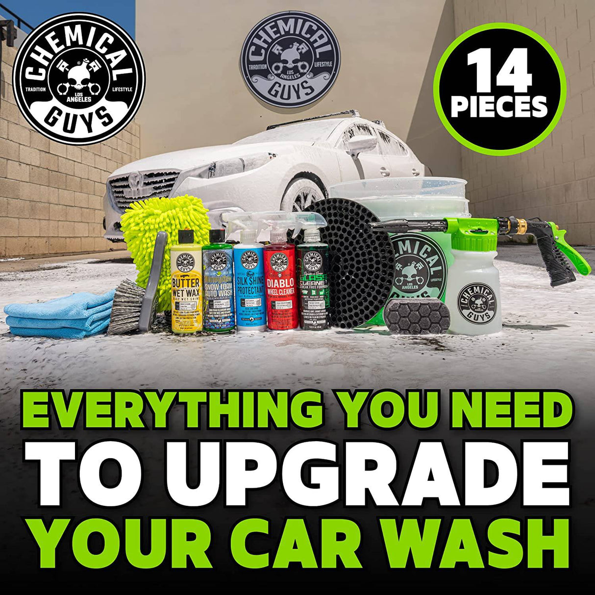 Chemical Guys HOL126 Kit de lavado de autos Arsenal Builder de 14 piezas con pistola de espuma, balde y (5) productos químicos de limpieza para el cuidado del auto de 16 oz (funciona con manguera de jardín), color blanco