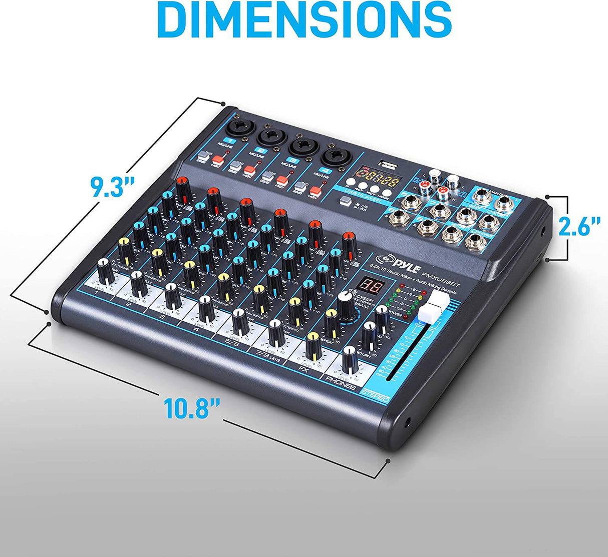 Pyle  - Mezclador de audio profesional Placa de sonido Consola Interfaz 8 canales Digital USB Bluetooth MP3 Entrada de computadora 48V Phantom Power Estéreo DJ Studio FX 16Bit DSP Procesador PMXU83BT