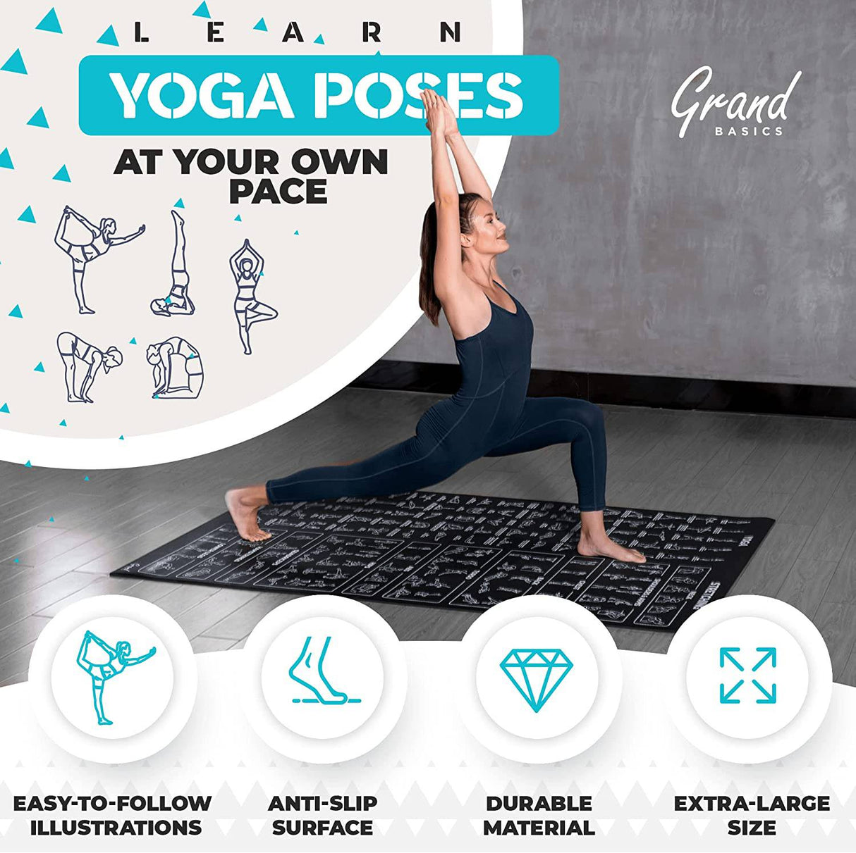 GRAND BASICS - Tapete de yoga instructiva con posturas impresas y correa de transporte - 75 posturas de yoga ilustradas y 75 estiramientos