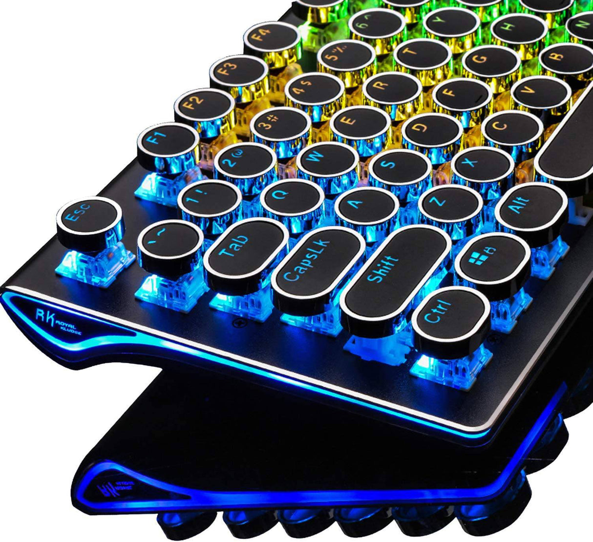 RK ROYAL KLUDGE Teclado mecánico para juegos estilo máquina de escribir con verdadero RGB retroiluminado Reposamuñecas plegable Interruptor azul de 108 teclas Tecla redonda retro - Negro