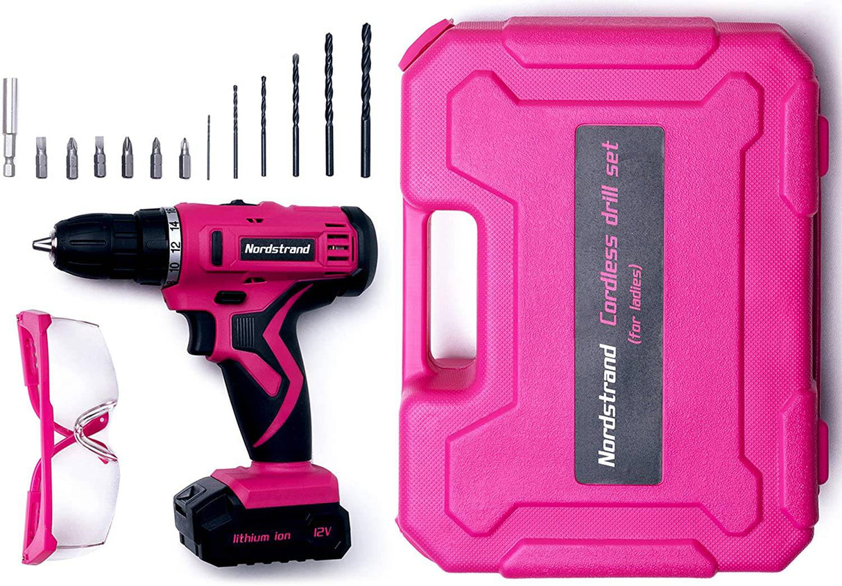 Nordstrand Juego de taladro inalámbrico rosa – Kit de destornillador eléctrico para mujer – Batería de iones de litio recargable de 12 V – Caja de herramientas - DIGVICE MX
