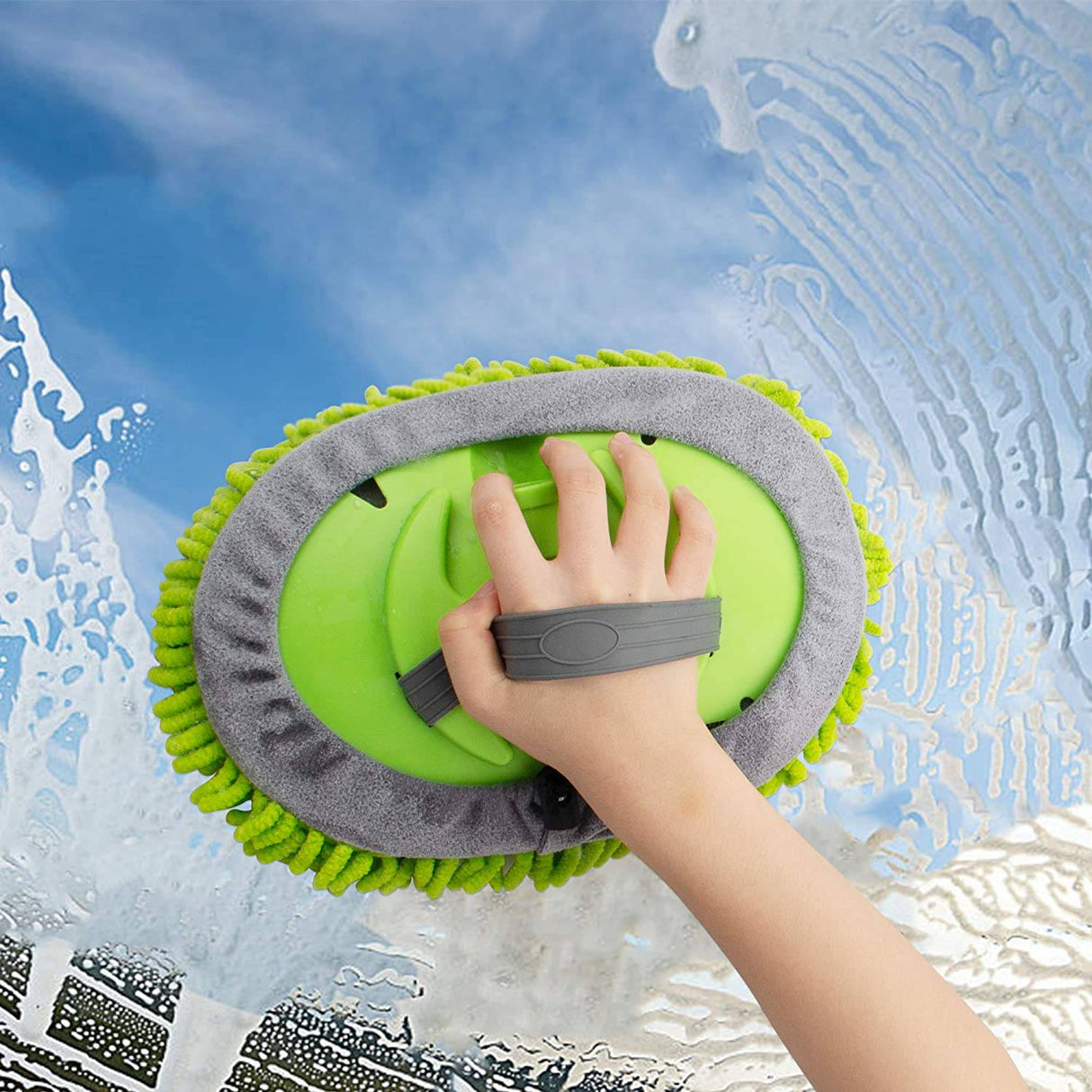 ANNGROWY - Juego de trapeador y cepillo de microfibra para lavado de autos de 62 pulgadas, esponja con mango largo, kit de suministros de limpieza para autos, 1 cabezal de repuesto de chenilla sin rasguños, barra de aleación de aluminio
