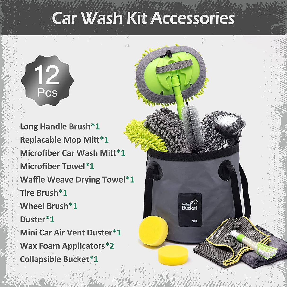 AURELIO TECH Kit Limpieza Coche 12 Piezas | Kit de lavado de autos con cubeta, cepillo con mango largo de 43'', manopla de lavado de autos, toallas de microfibra, cubeta plegable para detalles exteriores e interiores