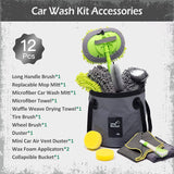 AURELIO TECH Kit Limpieza Coche 12 Piezas | Kit de lavado de autos con cubeta, cepillo con mango largo de 43'', manopla de lavado de autos, toallas de microfibra, cubeta plegable para detalles exteriores e interiores