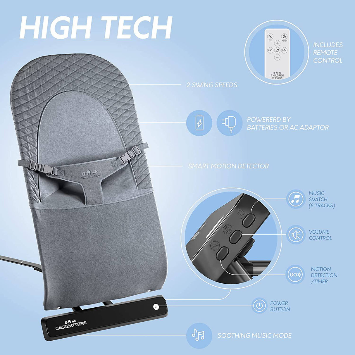 Children of Design Mecedora eléctrica para bebés, recién nacidos y bebés, columpio portátil para bebés y asiento mecedor con música y balanceo y vibraciones naturales, múltiples posiciones + control remoto - gris - DIGVICE MX