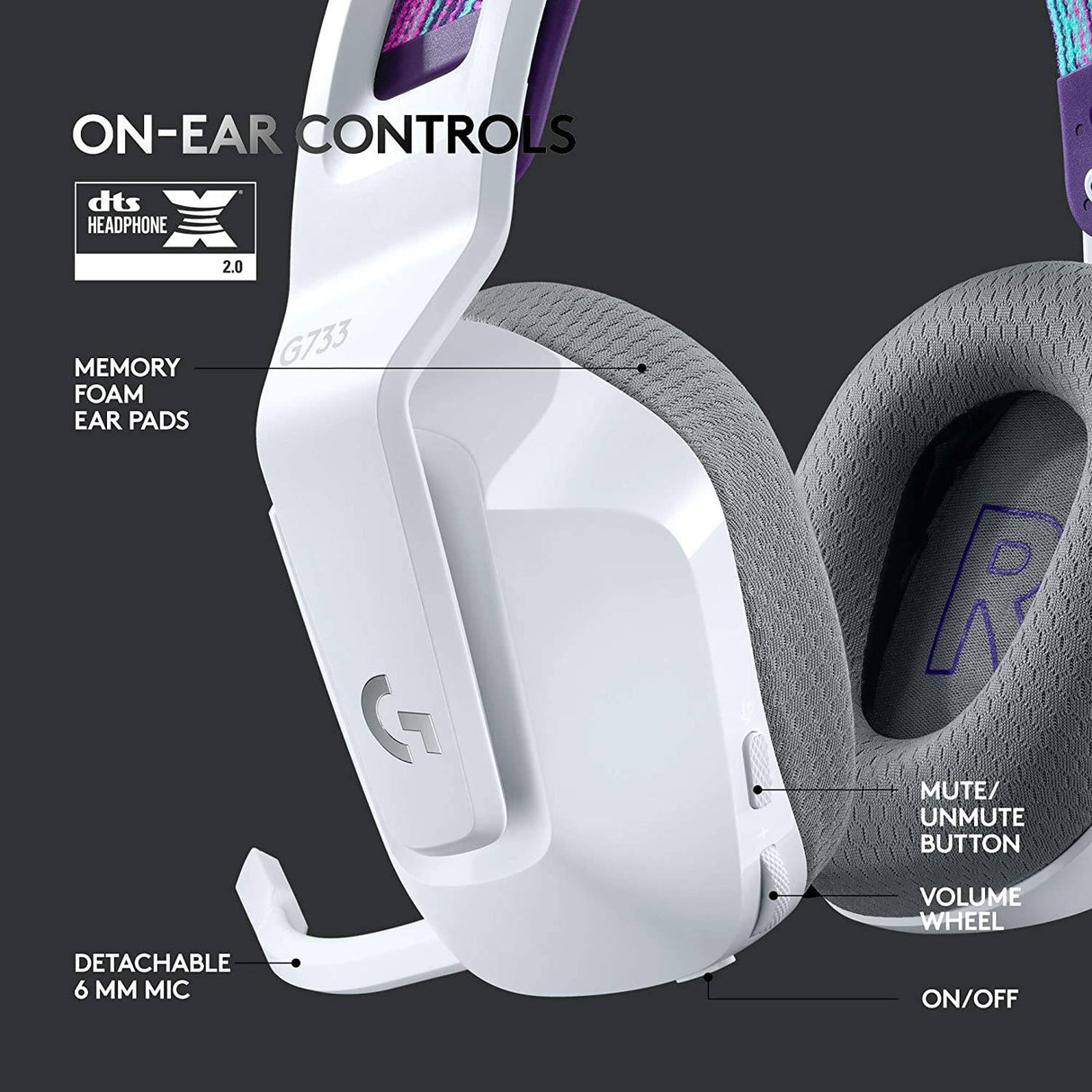 Logitech G733 LIGHTSPEED Auriculares inalámbricos para juegos con diadema de suspensión, LIGHTSYNC RGB, tecnología de micrófono Blue VO!CE y controladores de audio PRO-G - Blanco