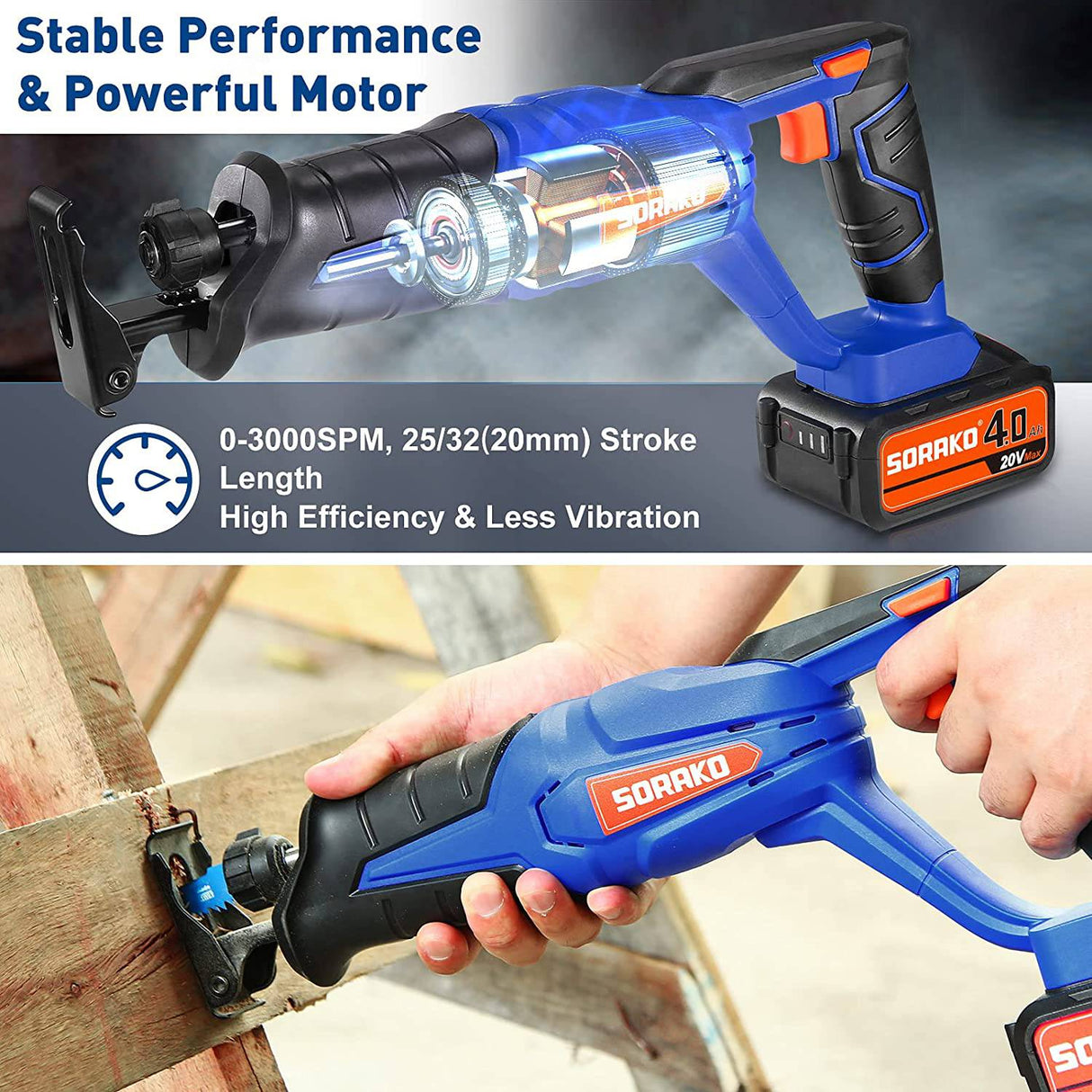 Sierra de sable SORAKO 20 V máx., con batería de 4,0 Ah y cargador, velocidad variable de 0-3000 SPM, con 2 cuchillas para corte de madera y metal - DIGVICE MX