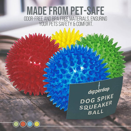 Dipperdap 4-Pack Squeaky Dog Toys 3.5" Spikey Dog Balls | Limpia los dientes para encías más sanas | Juguetes para perros no tóxicos sin BPA para masticadores agresivos | Bolas puntiagudas en rojo, azul, amarillo y verde - DIGVICE MX