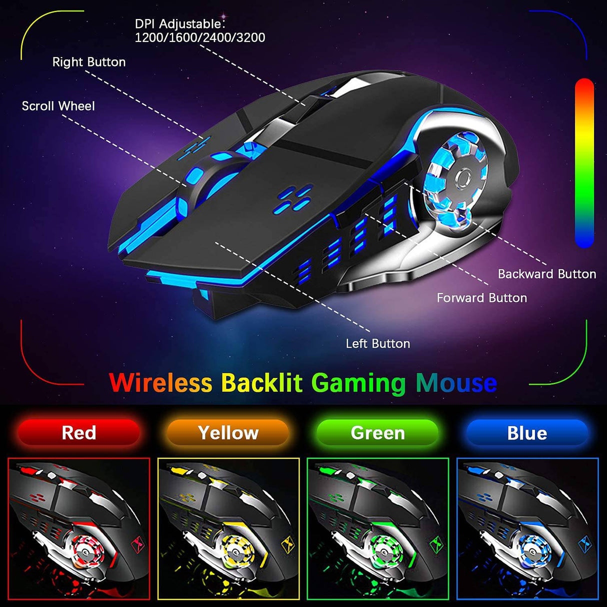 LexonElec - Teclado y ratón inalámbricos para juegos, ratón de teclado recargable con retroiluminación de arco iris con panel de metal de batería de 3800 mAh, teclado mecánico de reposamanos extraíble y ratón silencioso de 7 colores para jugadores de PC