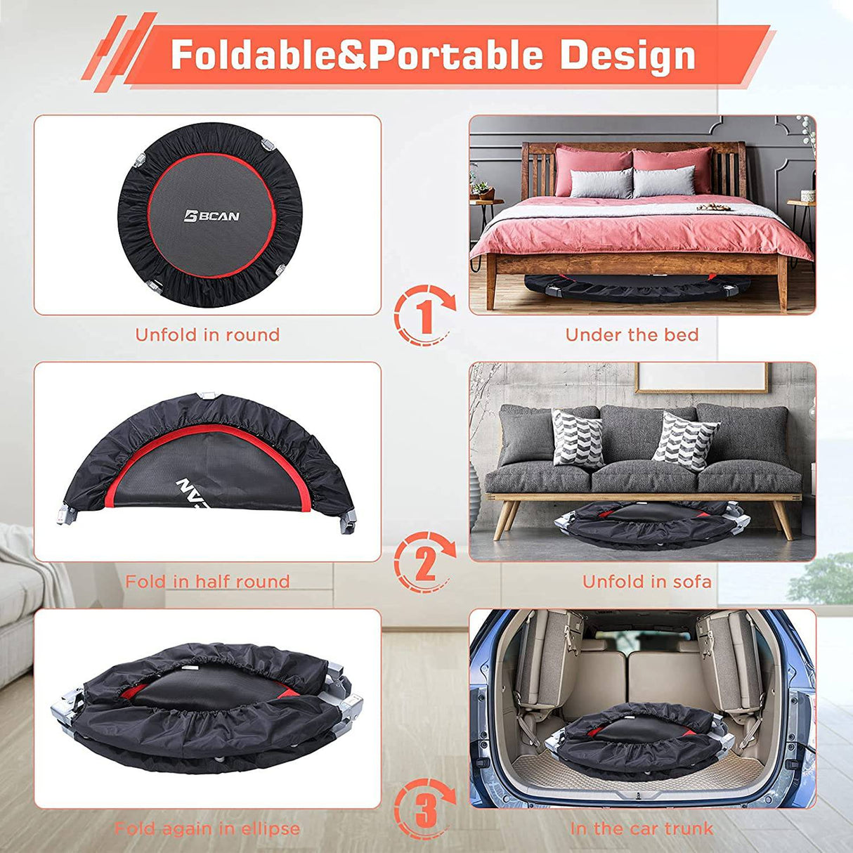 BCAN Mini trampolín plegable de 40 pulgadas, reboteador de fitness con mango de espuma ajustable, trampolín de ejercicio para adultos, entrenamiento en interiores/jardín, carga máxima de 330 libras/440 libras
