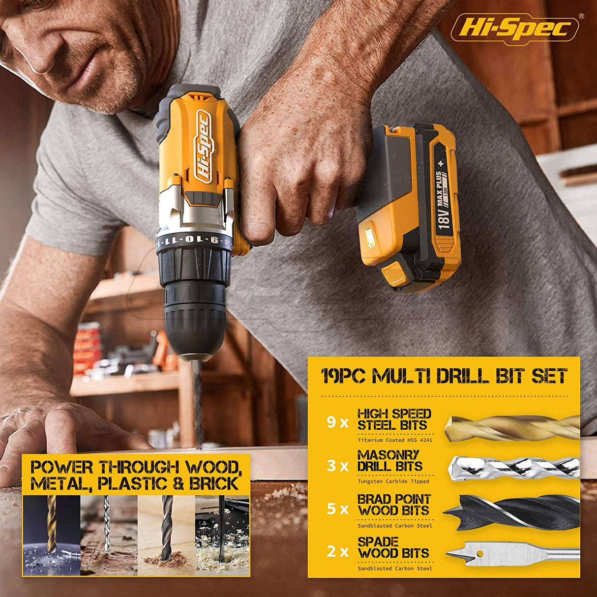 Hi-Spec, 81 piezas, amarillo, 18 V, taladro eléctrico inalámbrico, juego completo de herramientas de mano para el hogar y el garaje, para bricolaje - DIGVICE MX