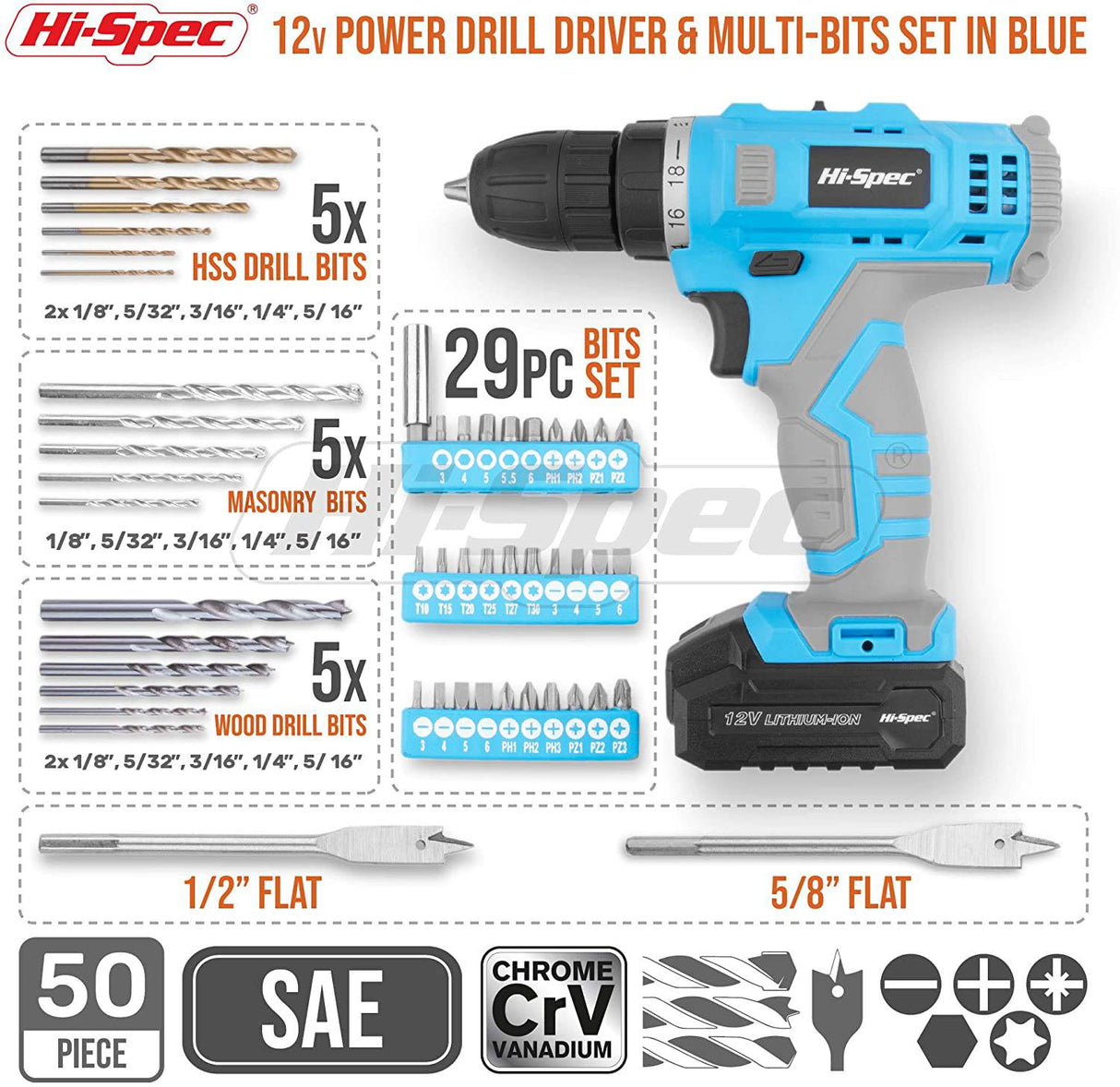 Hi-Spec Juego de 50 brocas azules de 12 V y multibrocas. Taladro eléctrico inalámbrico y destornillador eléctrico - DIGVICE MX
