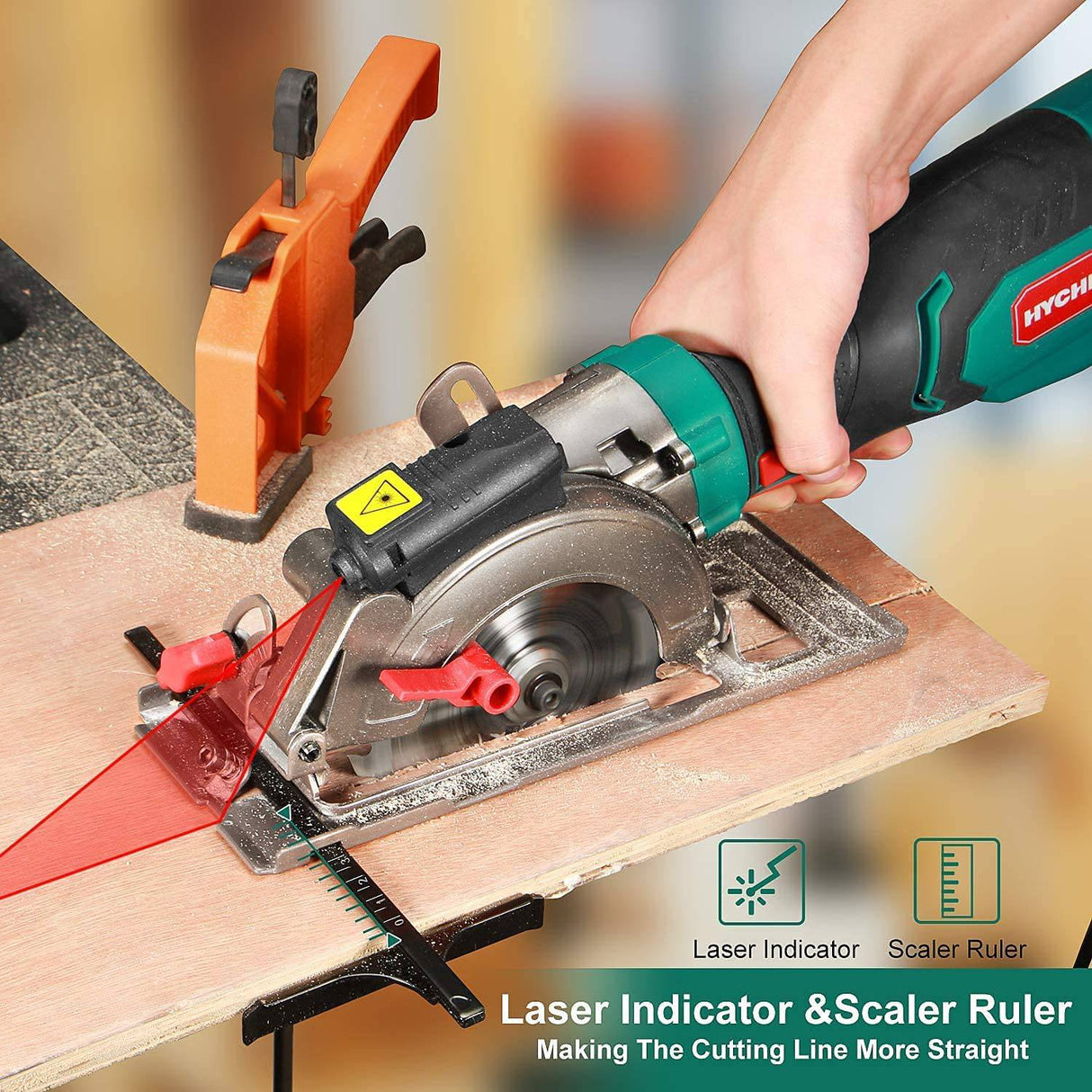 Sierra circular, minisierra circular eléctrica HYCHIKA 6.2A, guía láser, 6 hojas (4-1/2"), profundidad máxima de corte 1-11/16'' (90°), mango de goma, cable de 10 pies, ideal para madera Cortes de plástico de azulejos de metal blando - DIGVICE MX