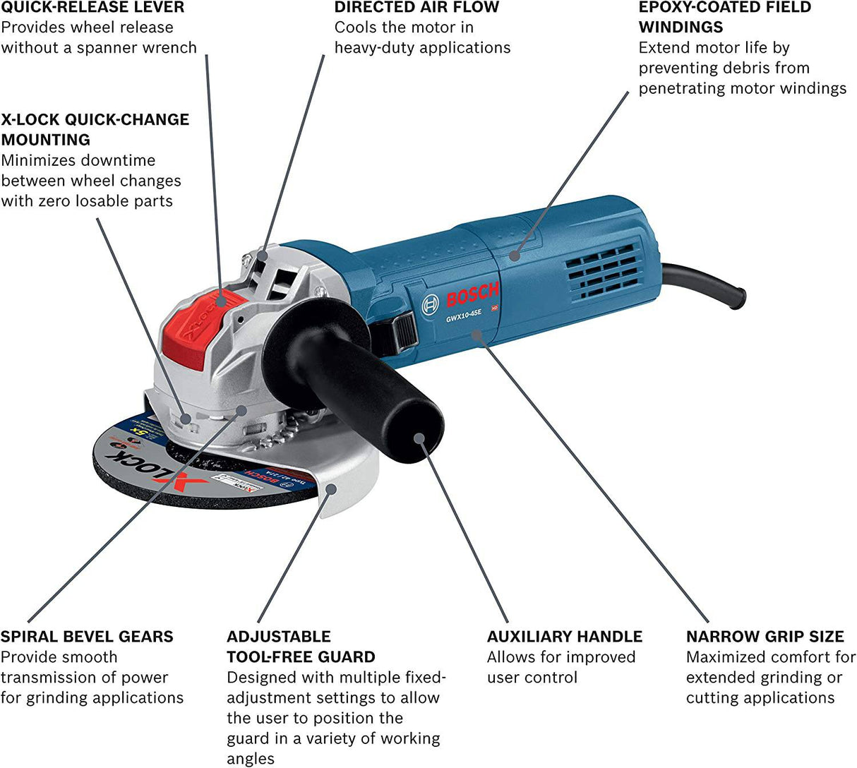 Bosch GWX10-45E 4-1/2 pulg. Amoladora angular ergonómica X-LOCK con interruptor deslizante - DIGVICE MX