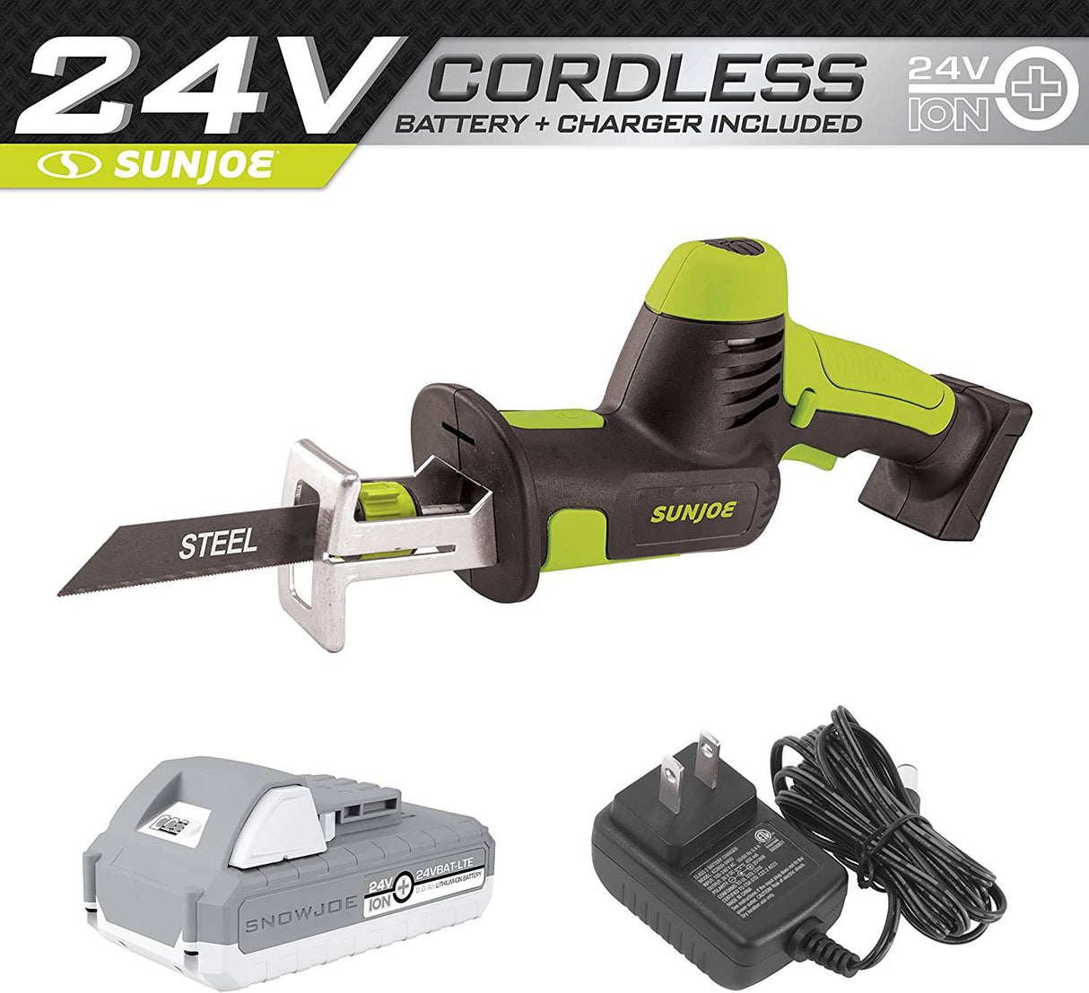 Sun Joe 24V-MPSWVG-LTE-SJG Kit de sierra recíproca multiusos inalámbrica de 24 voltios iON+ | con batería y cargador de 2,0 Ah | 4 cuchillas de corte | Para Madera y Metal - DIGVICE MX