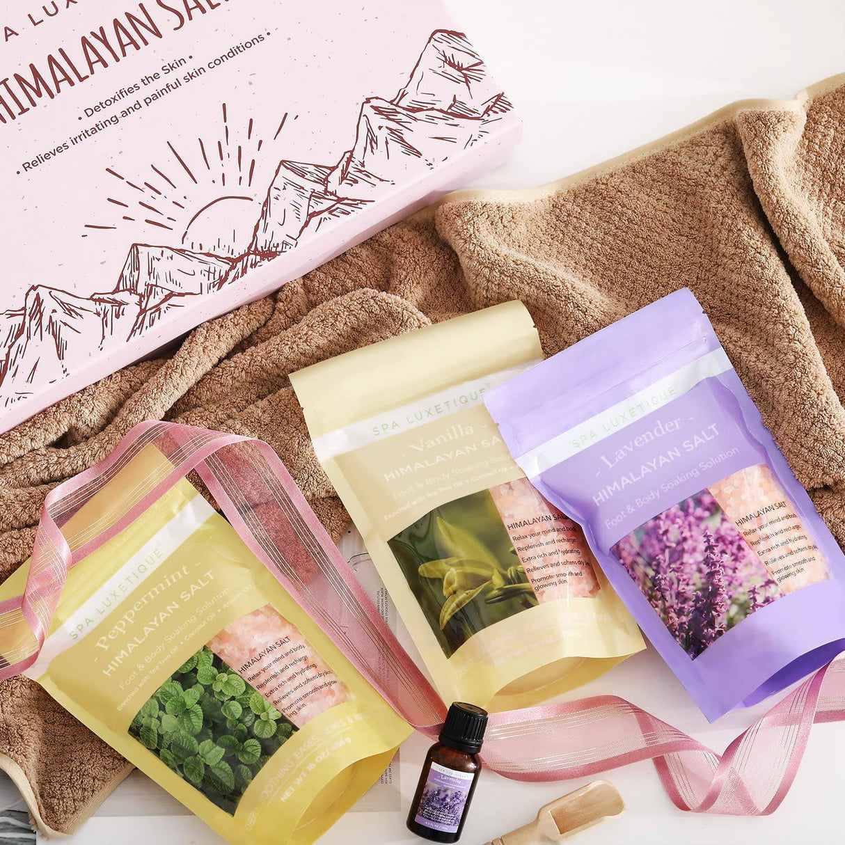 Spa Luxetique - Sales de baño, sales de Epsom con sal de baño del Himalaya para mujeres Aceite esencial de lavanda extra relajante con cuchara, juego de baño de 3 paquetes