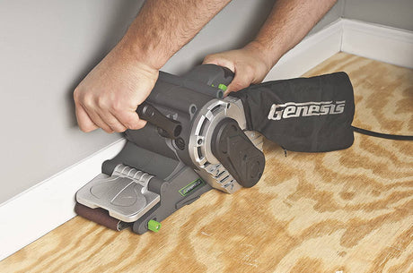 Genesis GBS321A Lijadora de banda de velocidad variable de una sola palanca de 3" x 21" con mango frontal ajustable y bolsa de recolección de polvo, gris - DIGVICE MX