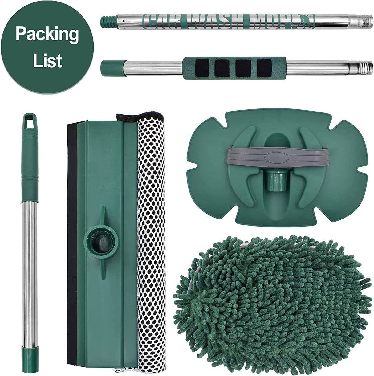 AgiiMan Cepillo de lavado de autos con mango largo - 3 en 1 Fregona de limpieza de autos, Juego de guantes de microfibra de chenilla, Longitud ajustable 24in-43in Kit de limpieza de vehículos con raspador de vidrio, Verde