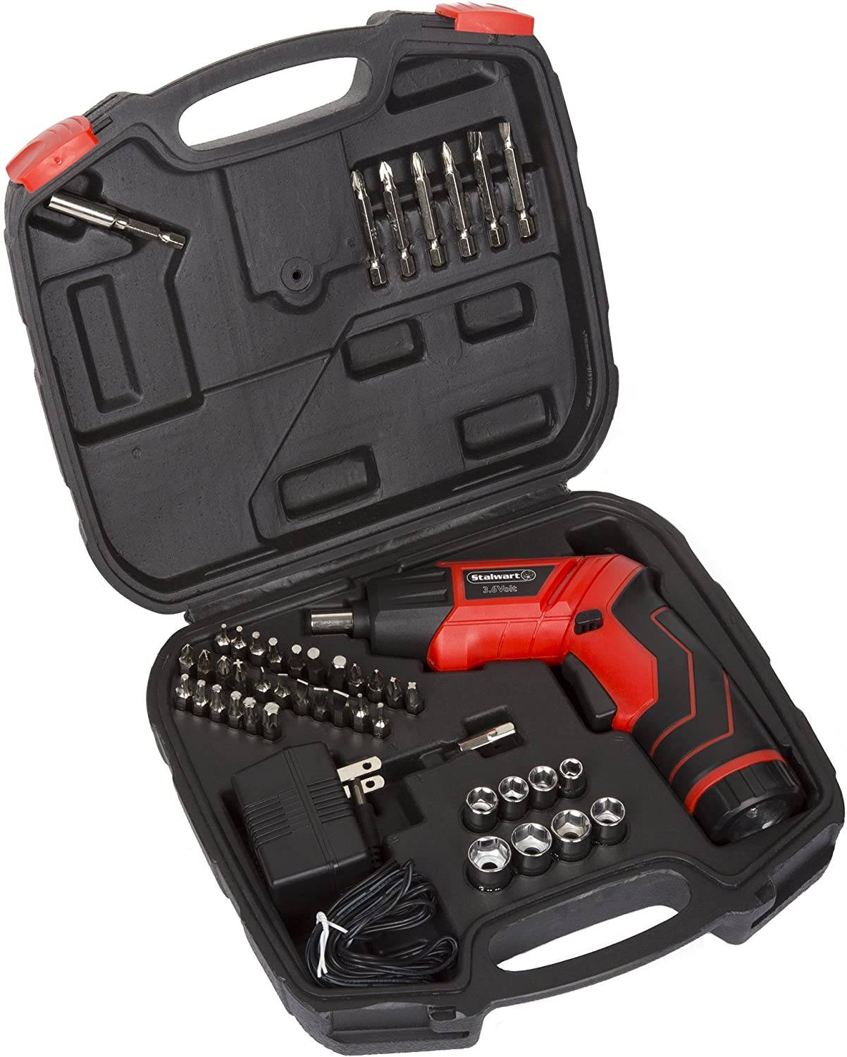 Stalwart - 75-PT1000 Destornillador giratorio 45 piezas. Herramienta eléctrica inalámbrica giratoria con batería recargable de 3,6 V, luces LED, brocas, enchufes y estuche de color negro - DIGVICE MX