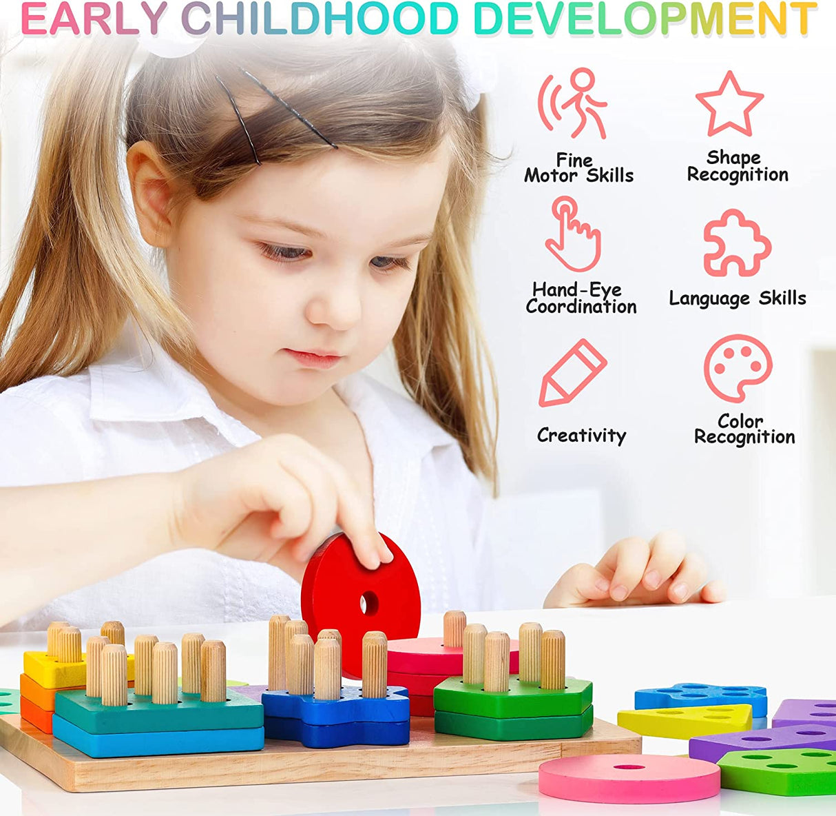 HELLOWOOD Montessori Juguetes de madera para clasificar y apilar para niños pequeños - WT20
