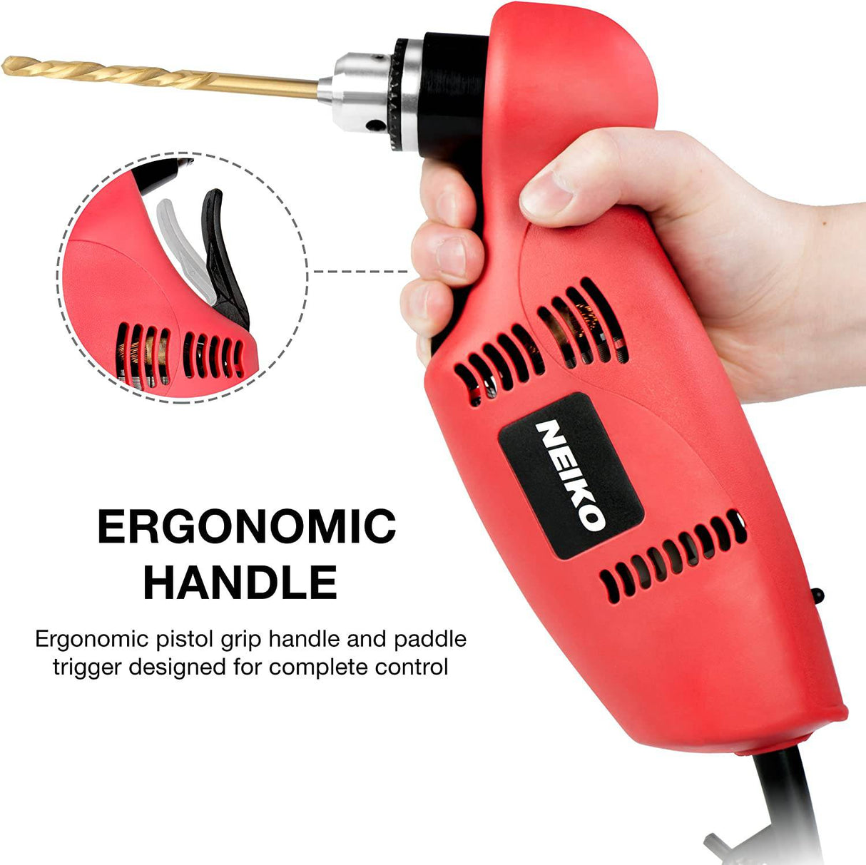 NEIKO 10529A Taladro eléctrico de ángulo de cuarto cerrado de 3/8" | Ángulo de 55 grados | Velocidad variable (0-1400 RPM) | 120 voltios - DIGVICE MX