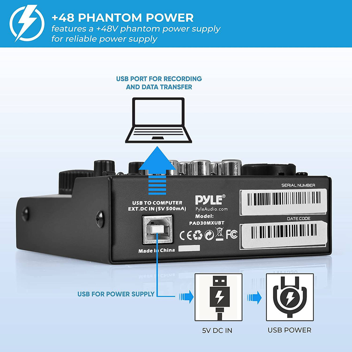 PYLE Mezclador de audio Bluetooth de 3 canales - Interfaz de controlador de sonido DJ, USB para grabación en PC, XLR, conector de micrófono de 3,5 mm, alimentación de 18 V, entrada/salida RCA para profesionales y principiantes - PAD30MXUBT