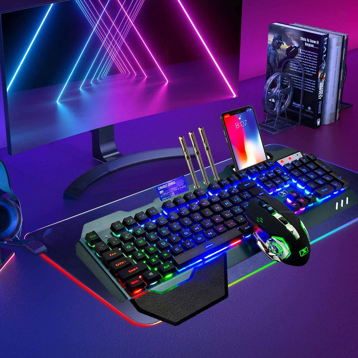 LexonElec - Teclado y ratón inalámbricos para juegos, ratón de teclado recargable con retroiluminación de arco iris con panel de metal de batería de 3800 mAh, teclado mecánico de reposamanos extraíble y ratón silencioso de 7 colores para jugadores de PC