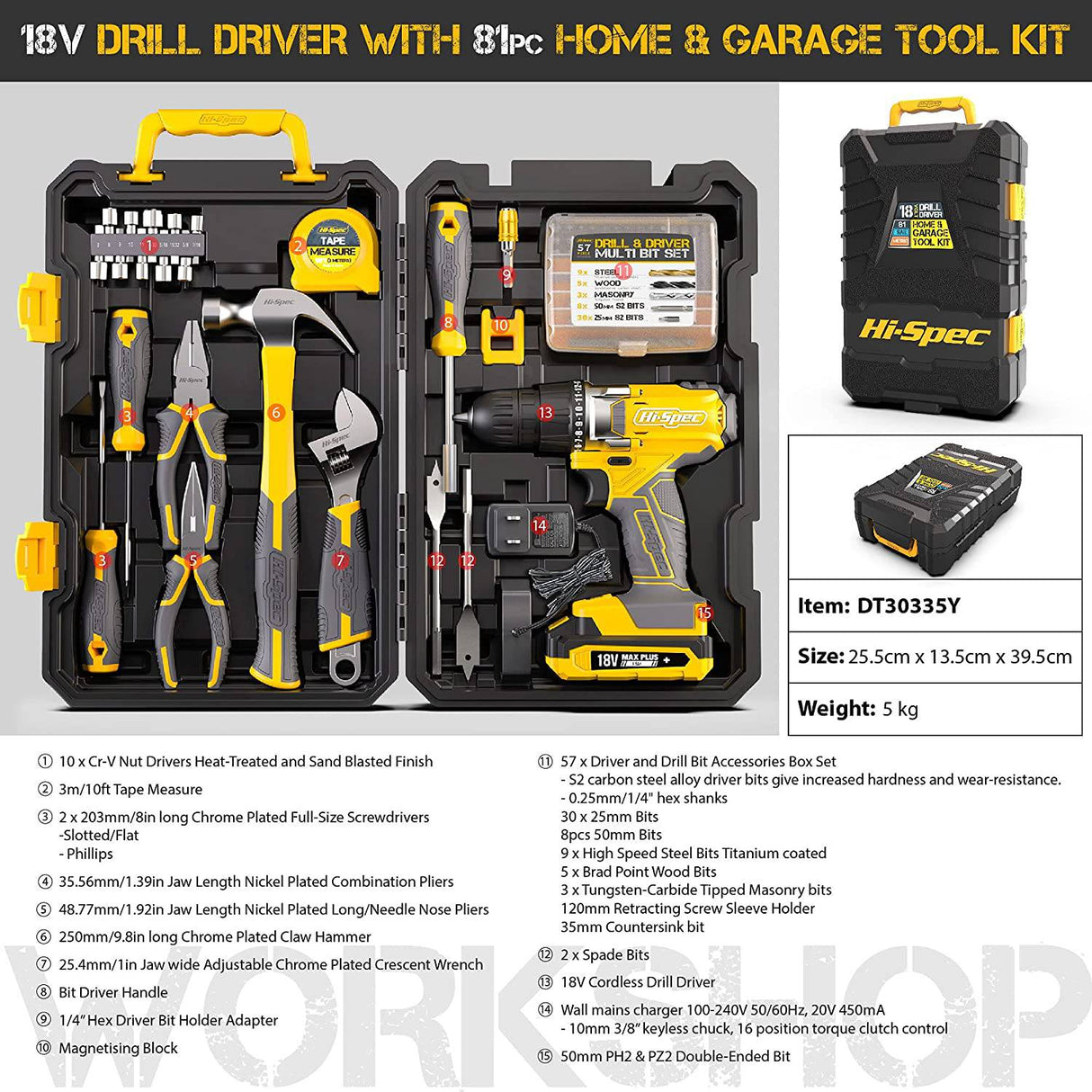 Hi-Spec, 81 piezas, amarillo, 18 V, taladro eléctrico inalámbrico, juego completo de herramientas de mano para el hogar y el garaje, para bricolaje - DIGVICE MX