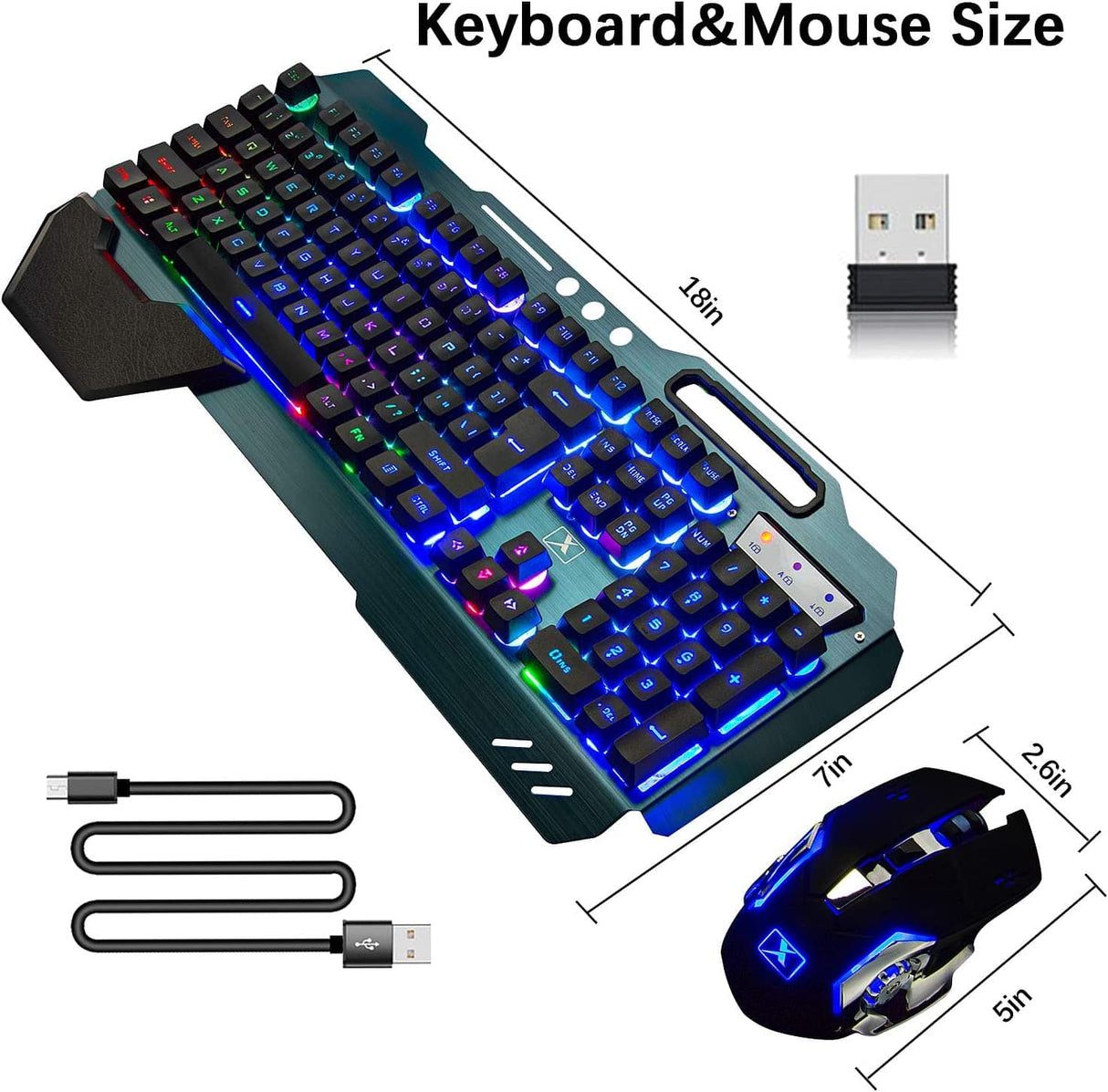 LexonElec - Teclado y ratón inalámbricos para juegos, ratón de teclado recargable con retroiluminación de arco iris con panel de metal de batería de 3800 mAh, teclado mecánico de reposamanos extraíble y ratón silencioso de 7 colores para jugadores de PC