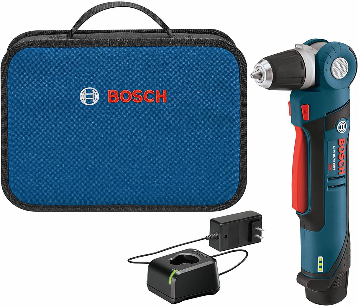 BOSCH PS11-102 Kit de taladro/destornillador de ángulo recto de 12 voltios de iones de litio máx. de 3/8 pulgadas con (1) batería de alta capacidad y cargador, azul - DIGVICE MX