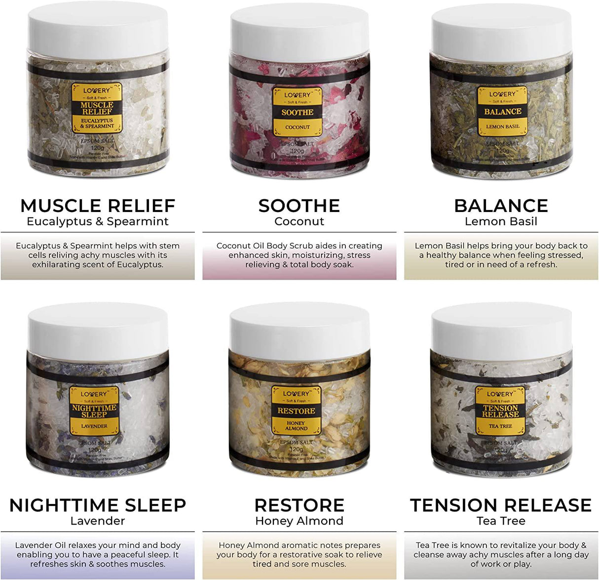 Lovery - Juego de regalo de sales de baño de Epsom, sal de spa relajante con aceites esenciales, baños de burbujas, lavanda, menta verde de eucalipto, albahaca de limón, coco, árbol de té, sal de Epsom de miel y almendras