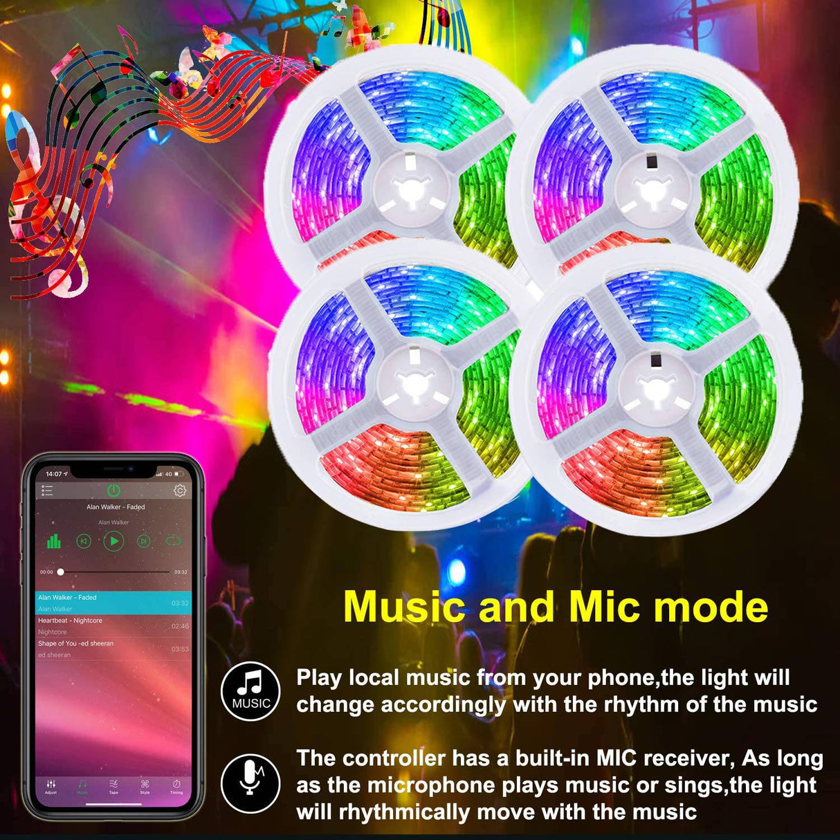 JTNT - Tira de luces LED para dormitorio, decoración del hogar, luces LED, Bluetooth RGB, kit de tira de luz LED que cambia de color, control de aplicación con control remoto - DIGVICE MX