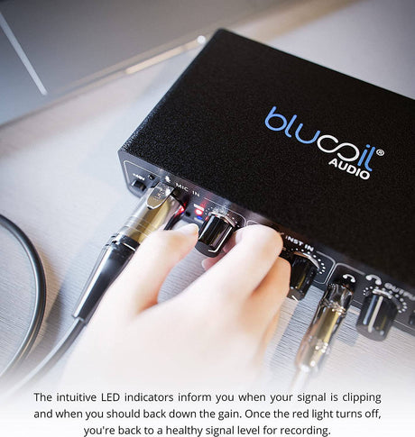 Blucoil  - Interfaz de audio USB portátil con alimentación fantasma de 48 V, alimentación de bus USB, monitoreo directo de baja latencia para grabación de estudio en casa, transmisión, juegos y podcasting en Windows y Mac