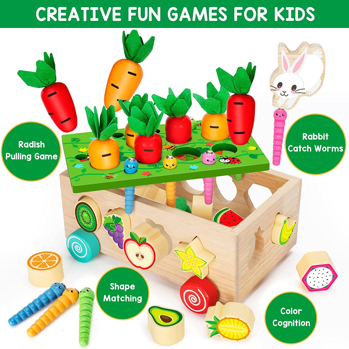 BAYSING Juguetes Montessori, juego de cosecha de zanahorias, juguetes de clasificación de formas de madera - ORA001